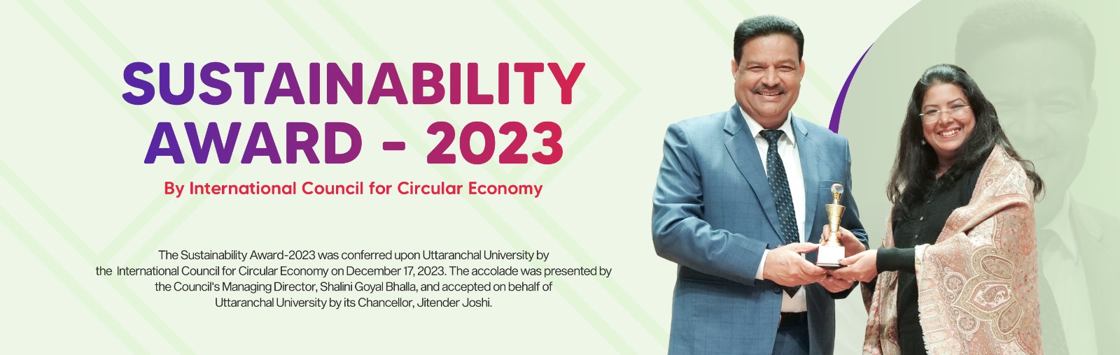 Uttaranchal University receives ‘Sustainability Award – 2023’ from International Council for Circular Economy